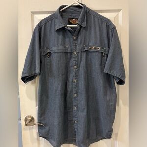 Harley-Davidson Washed Denim Short Sleeve Button-Up Shirt - Blue Oversized Tall